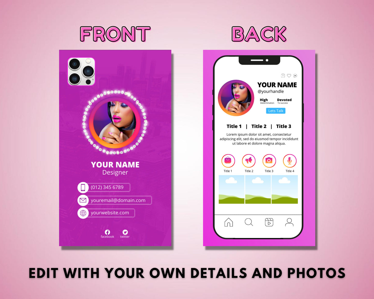 instagram profile business cards, diy business card template design, business card design, influencer cards, premade business cards