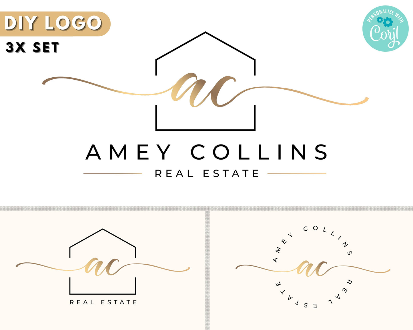 real estate logo, diy logo design template, house logo, realtor logo, gold real estate agent logo, modern logo, premade logo