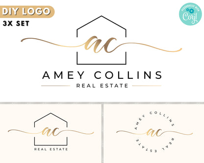 Real Estate Logo, DIY Logo Design Template, House Logo, Realtor Logo, Gold Real estate Agent Logo, Modern Logo, Premade Logo