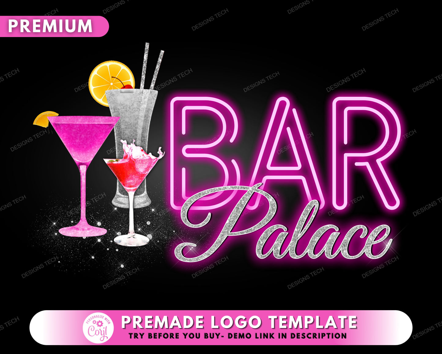 bartender logo, diy logo design template, bar logo, mobile bartending logo, beverage logo, drinks logo, neon logo, premade logo design