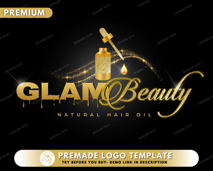 Hair Oil Logo, DIY Logo Design Template, Hair Growth Logo, Hair Serum Logo, Honey Beauty Logo, Gold Glam Glitter Logo, Premade Logo Design