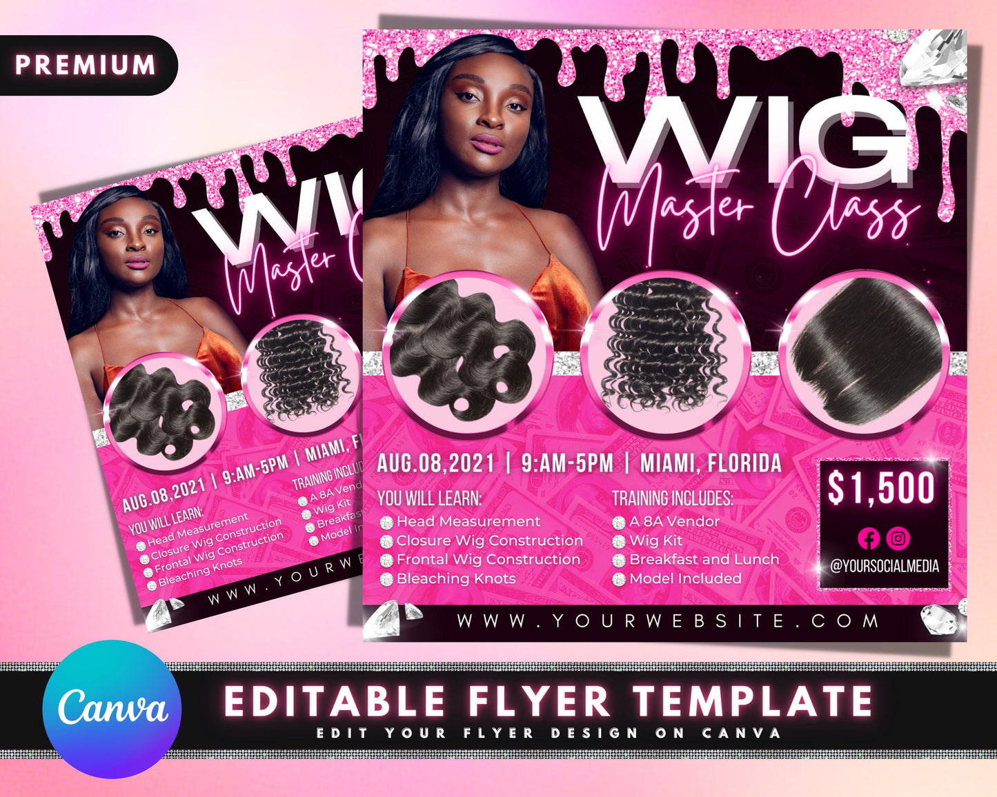 wig class flyer, diy flyer template design, hair flyer, wig extensions flyer, hair course training academy flyer, premade social media flyer