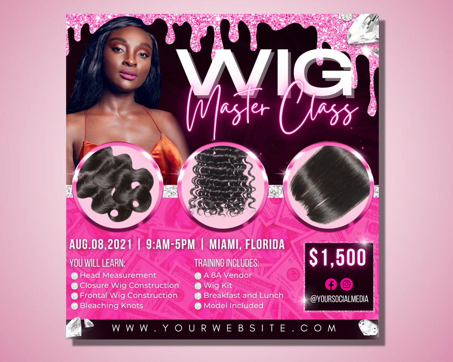 wig class flyer, diy flyer template design, hair flyer, wig extensions flyer, hair course training academy flyer, premade social media flyer