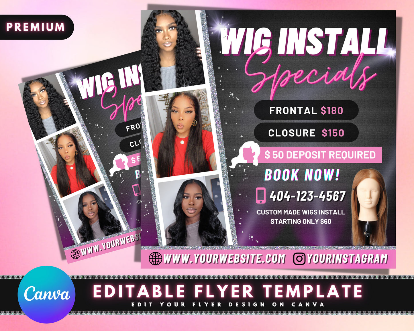 wig install flyer, diy flyer template design, hair appointment flyer, booking salon flyer, wig special deals flyer, premade flyer