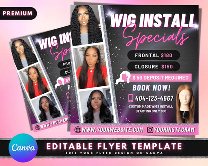 Wig Install Flyer, DIY Flyer Template Design, Hair Appointment Flyer, Booking Salon Flyer, Wig Special Deals Flyer, Premade Flyer