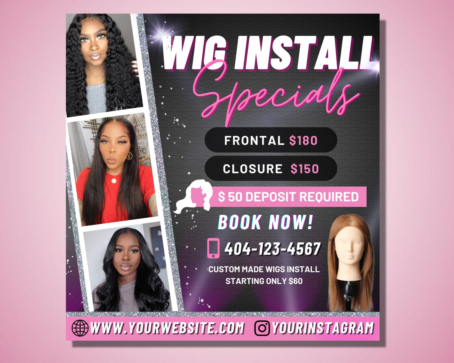 wig install flyer, diy flyer template design, hair appointment flyer, booking salon flyer, wig special deals flyer, premade flyer