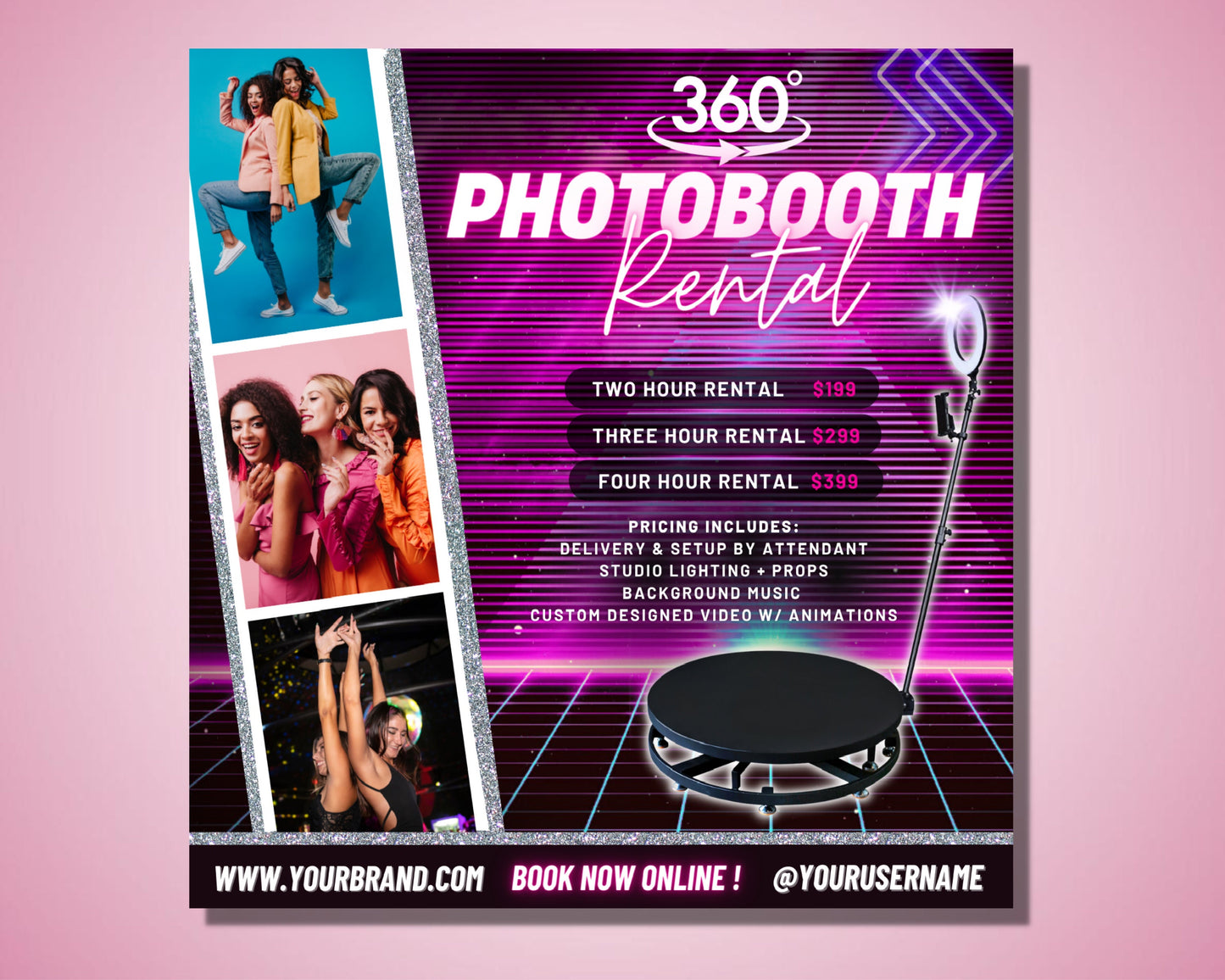 360 photobooth rental flyer, diy flyer template design, party flyer, wedding photo booth rent flyer, event flyer, spin camera flyer