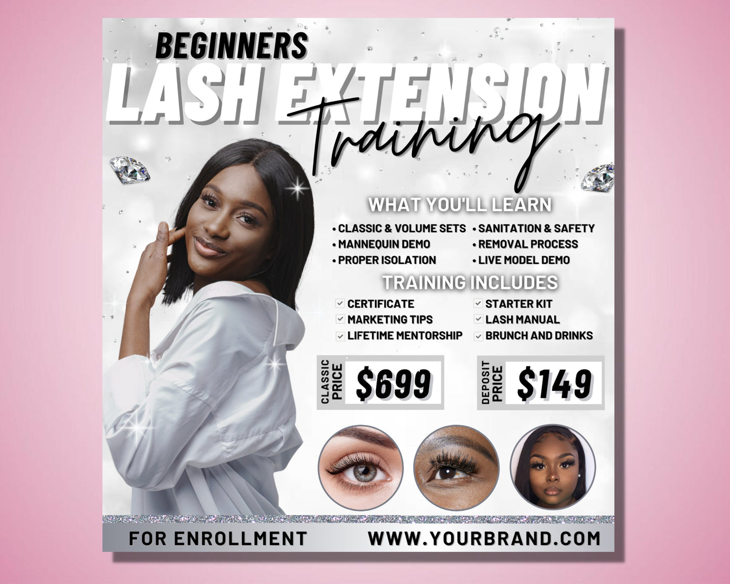 lash extension training flyer, diy flyer template design, eyelashes course flyer, makeup masterclass flyer, brows flyer, premade flyer