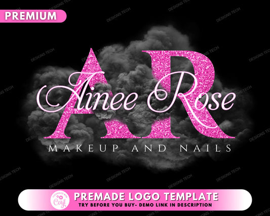 Beauty Logo, DIY Logo Design Template, Smoke Logo, Boutique Logo, Pink Glitter Logo, Makeup Artist Logo, Cosmetics Logo, Premade Logo