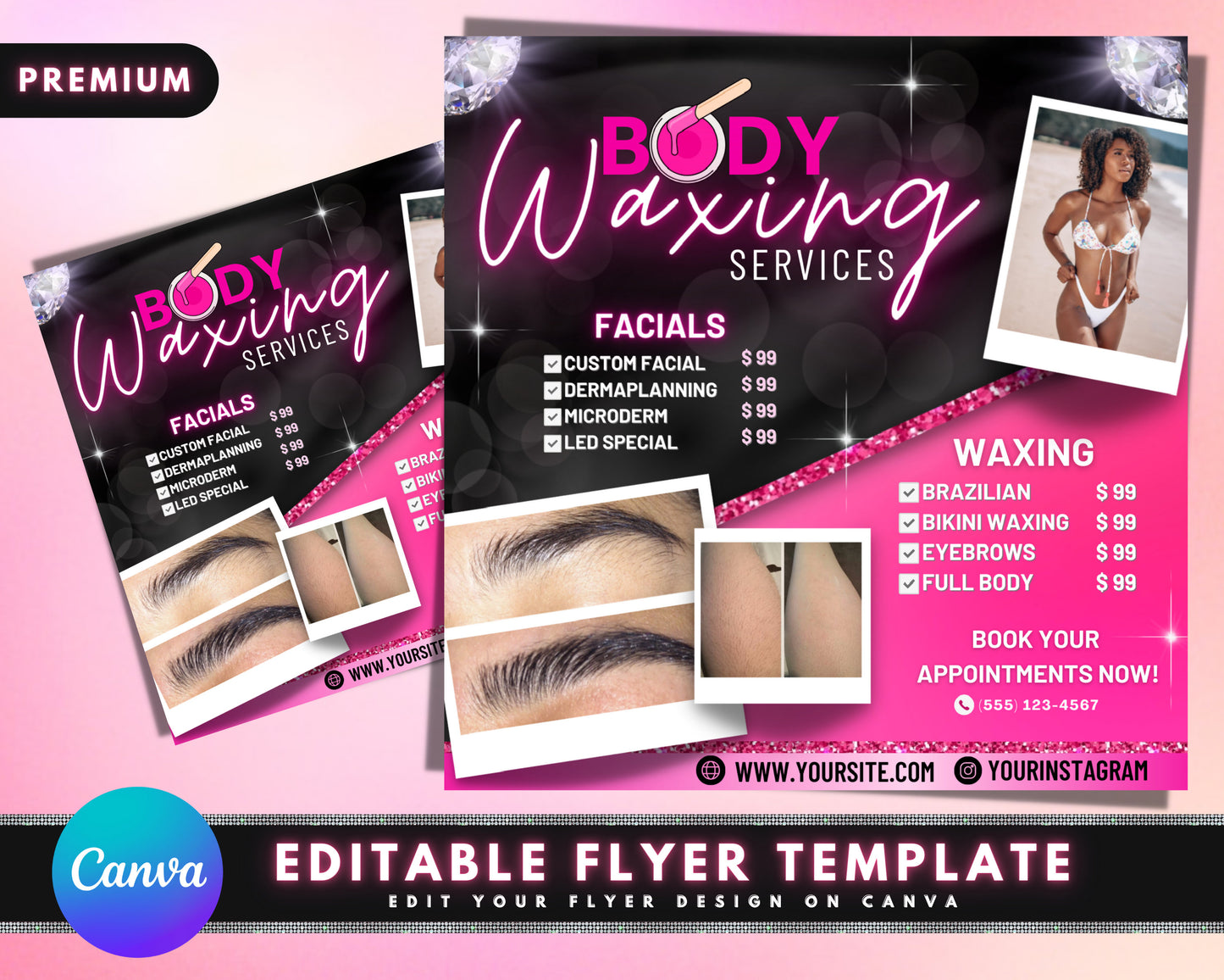 body waxing services flyer, diy flyer template design, body sculpting logo, body contouring logo, wax service, premade business flyer design