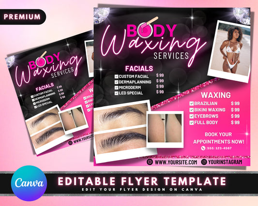 Body Waxing Services Flyer, DIY Flyer Template Design, Body Sculpting Logo, Body Contouring Logo, Wax Service, Premade Business Flyer Design