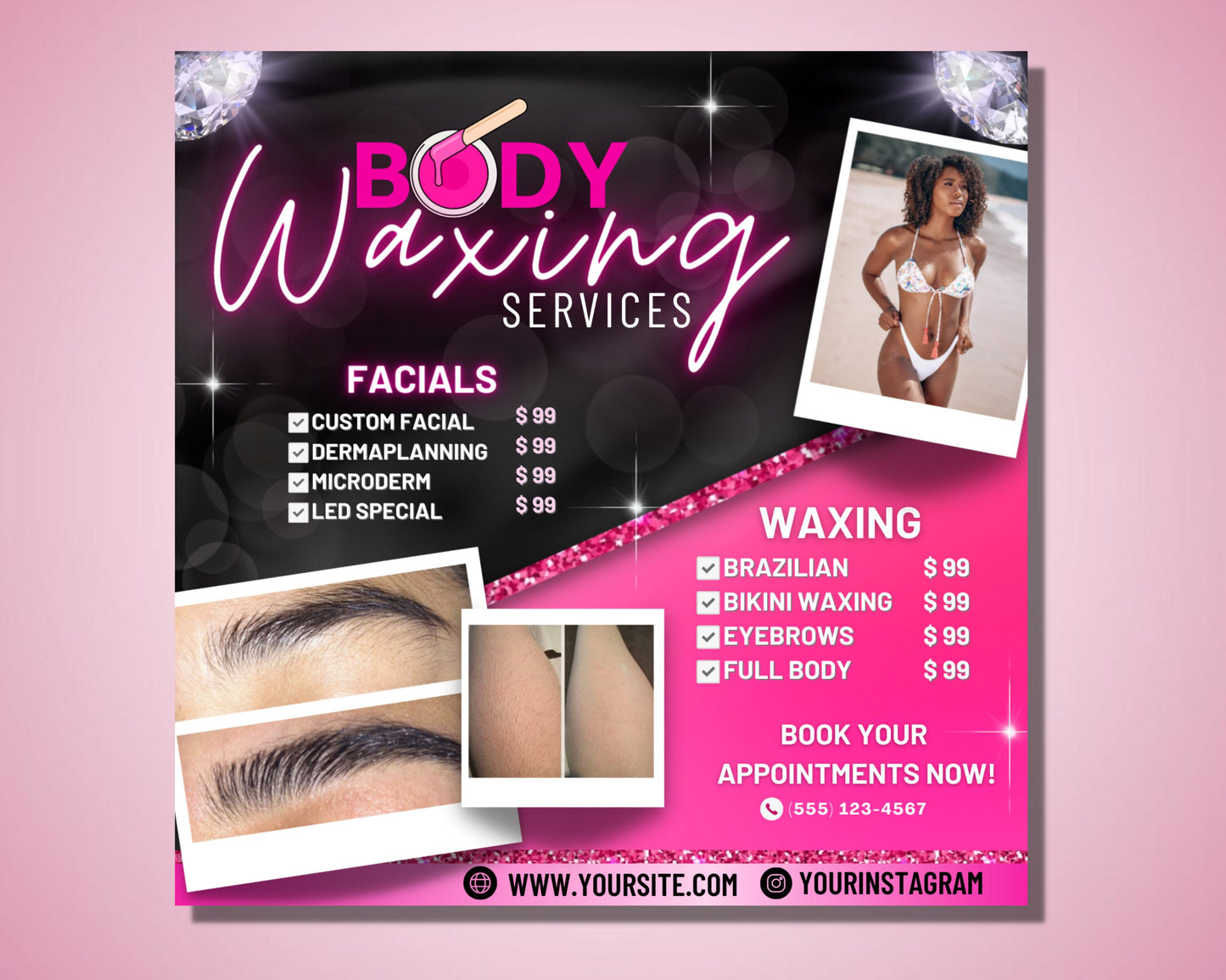 body waxing services flyer, diy flyer template design, body sculpting logo, body contouring logo, wax service, premade business flyer design