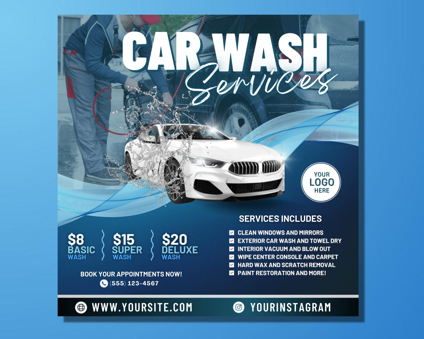 car wash flyer, diy flyer template design, car detailing flyer, automotive services flyer, social media flyer, premade business flyer design