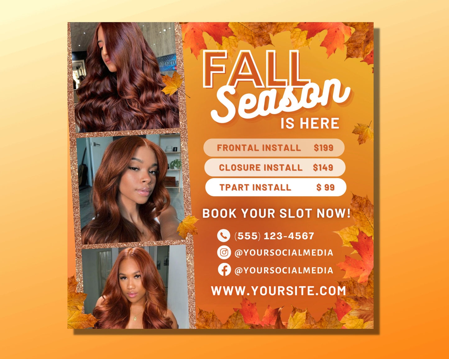 fall season sale flyer, diy flyer template design, hair flyer, book now flyer, lash flyer, autumn holiday flyer, premade business flyer