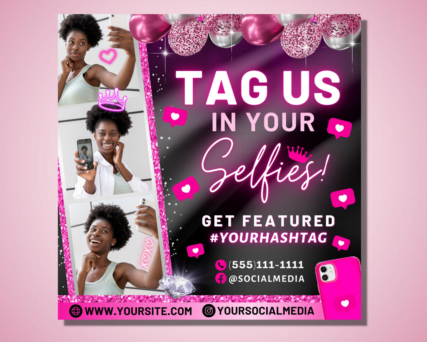 tag us in your selfie flyer, diy flyer template design, social media flyer, instagram flyer, hair lashes nails beauty premade business flyer