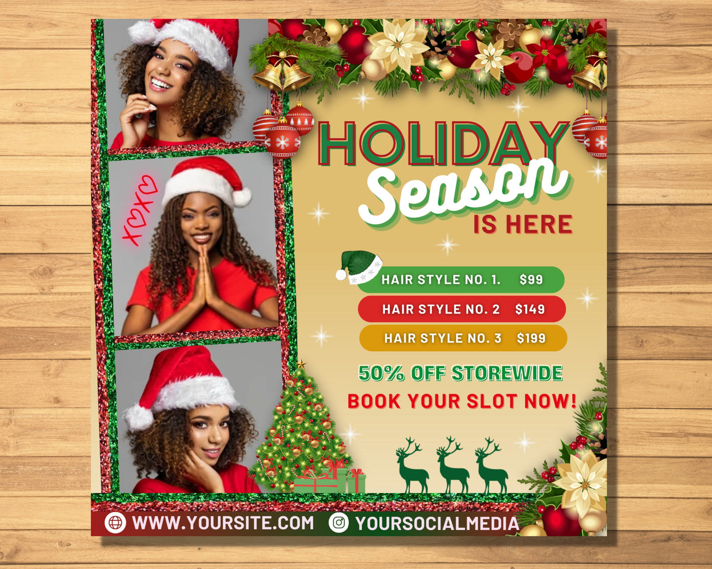 christmas booking flyer, diy flyer template design, hair flyer, book now flyer, winter holiday season flyer, premade business sale flyer