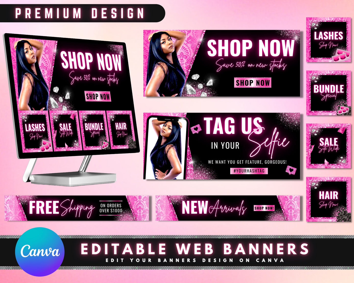 website banners, diy web banner template design, shopify website banners, hair web banners, lash wix web banners, premade business design