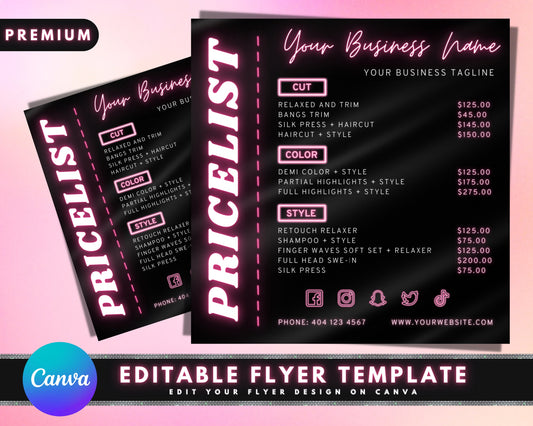 Price List, DIY Flyer Template Design, Hair Pricing Flyer, Pricelist Flyer, Pricing Guide Sheet, Nails Flyer, Premade Salon Business Flyer