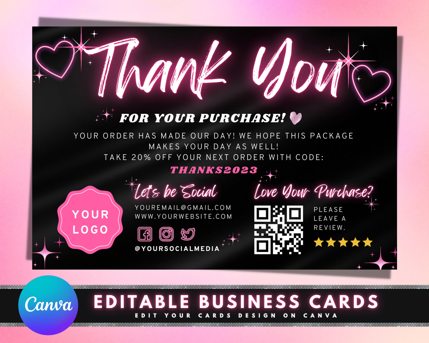 thank you card, diy marketing cards template design, neon hair business cards, lash thank you cards, thank you for order packaging insert