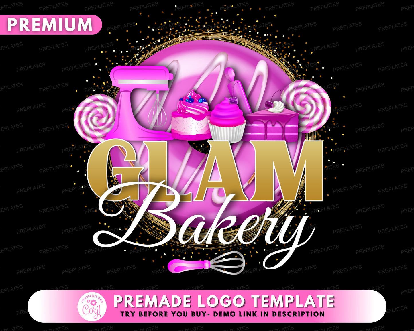 bakery logo, diy logo design template, gold baking logo, kitchen logo, dessert logo, cake logo, sweet cupcake logo, premade logo design