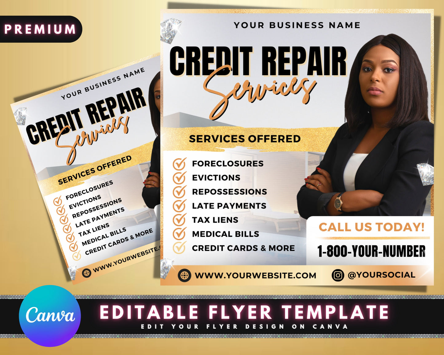 credit repair service flyer, diy flyer template design, credit restoration flyer, consultation services flyers, premade editable flyer