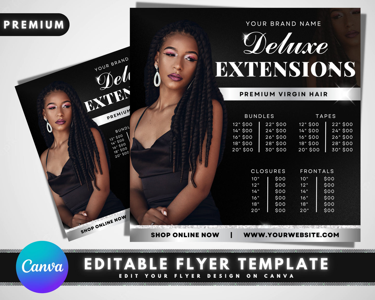 hair pricelist, diy flyer template design, hair bundle deals price list, wig sale flyer, hair extensions flyer, premade editable flyer