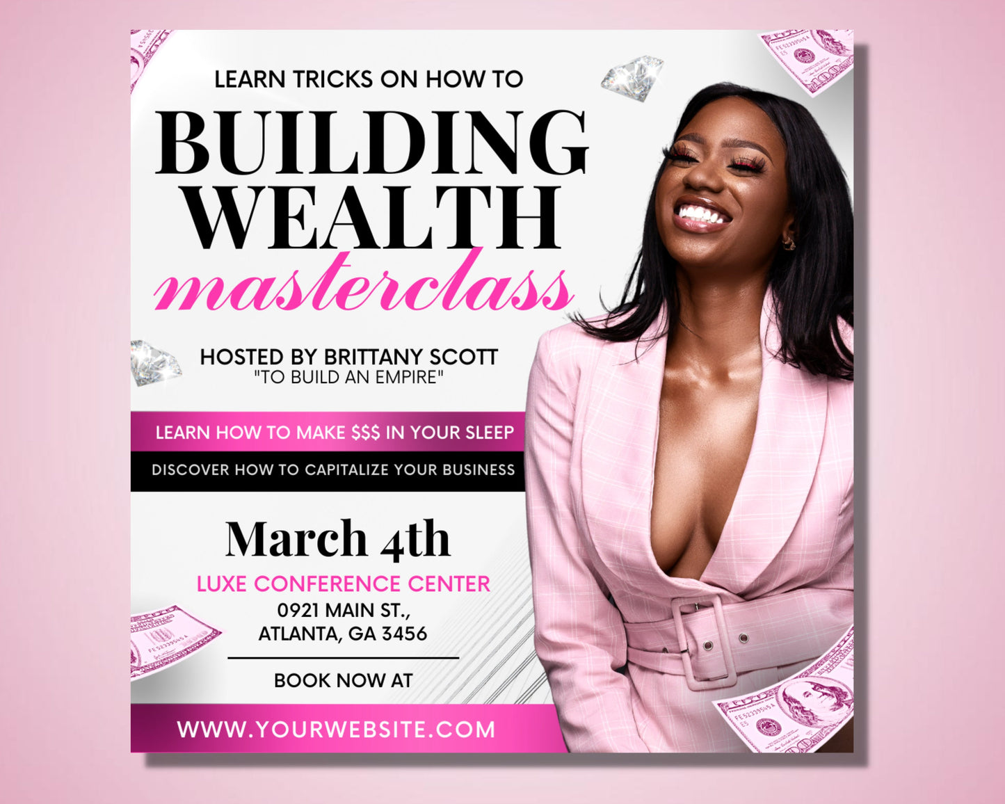 wealth masterclass flyer, diy flyer template design, influencer training flyer, hair lash beauty class flyer, premade business flyer