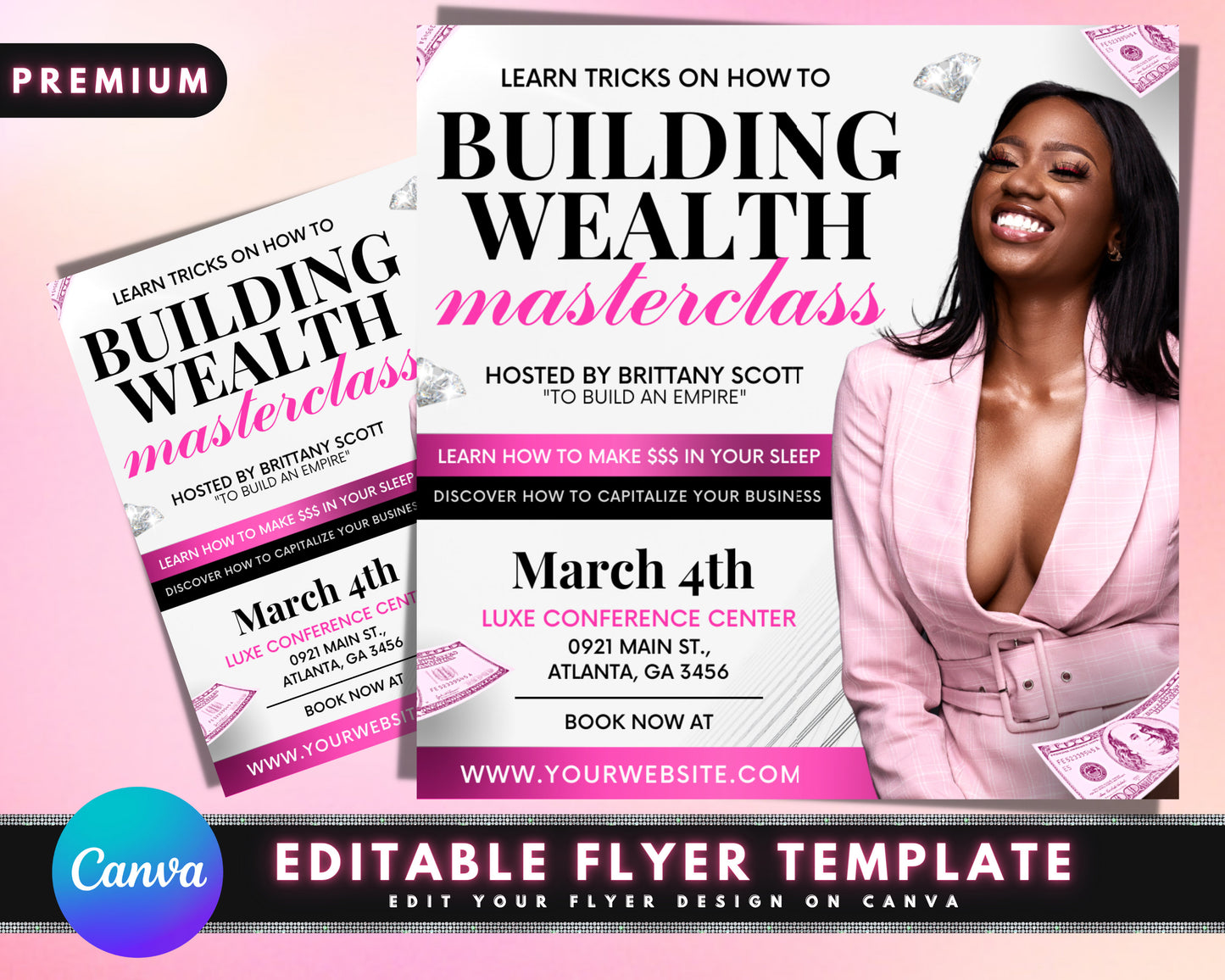 wealth masterclass flyer, diy flyer template design, influencer training flyer, hair lash beauty class flyer, premade business flyer