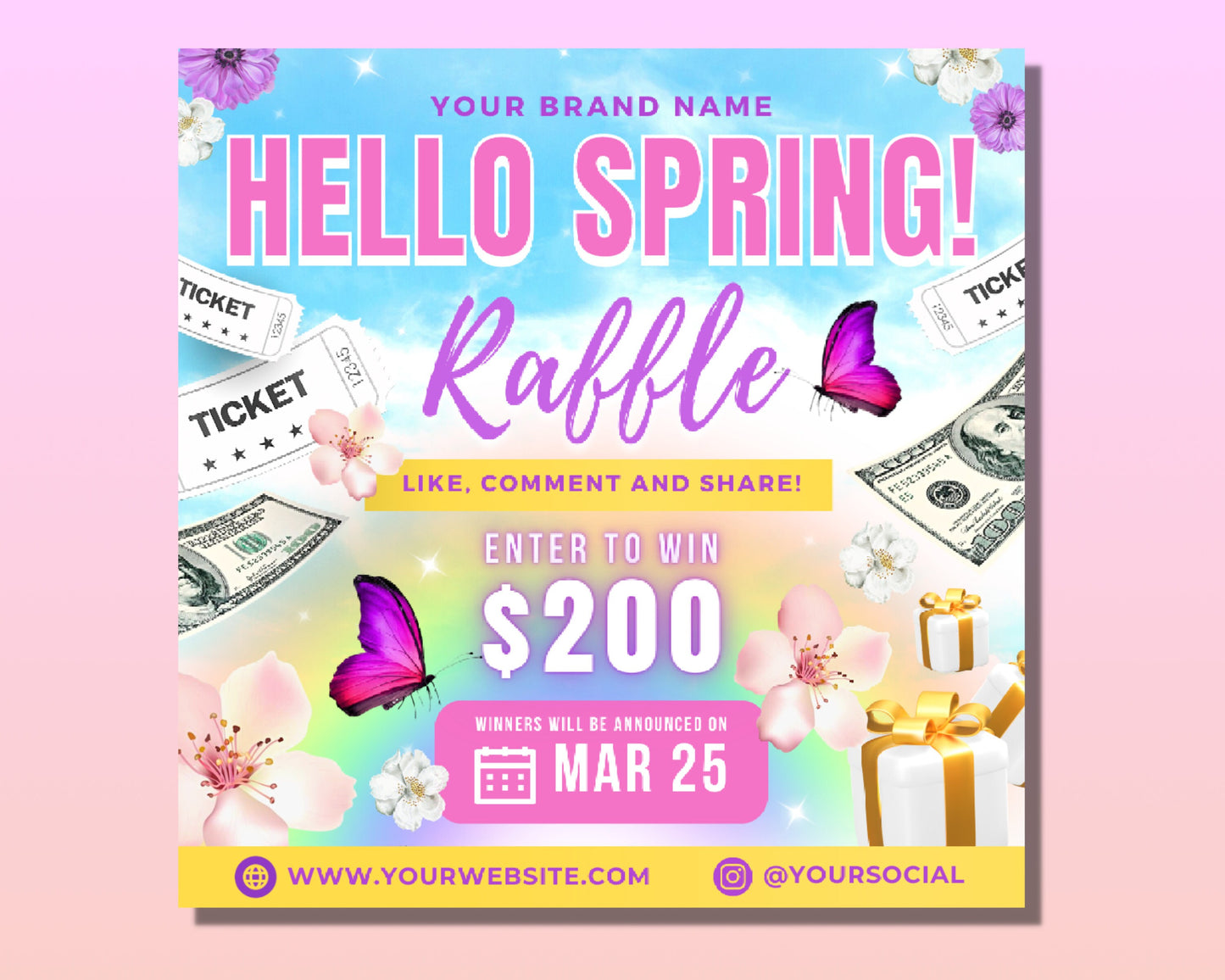 spring raffle flyer, diy flyer template design, spring giveaway flyer, ticket flyer, spring hair specials flyer, premade business flyer