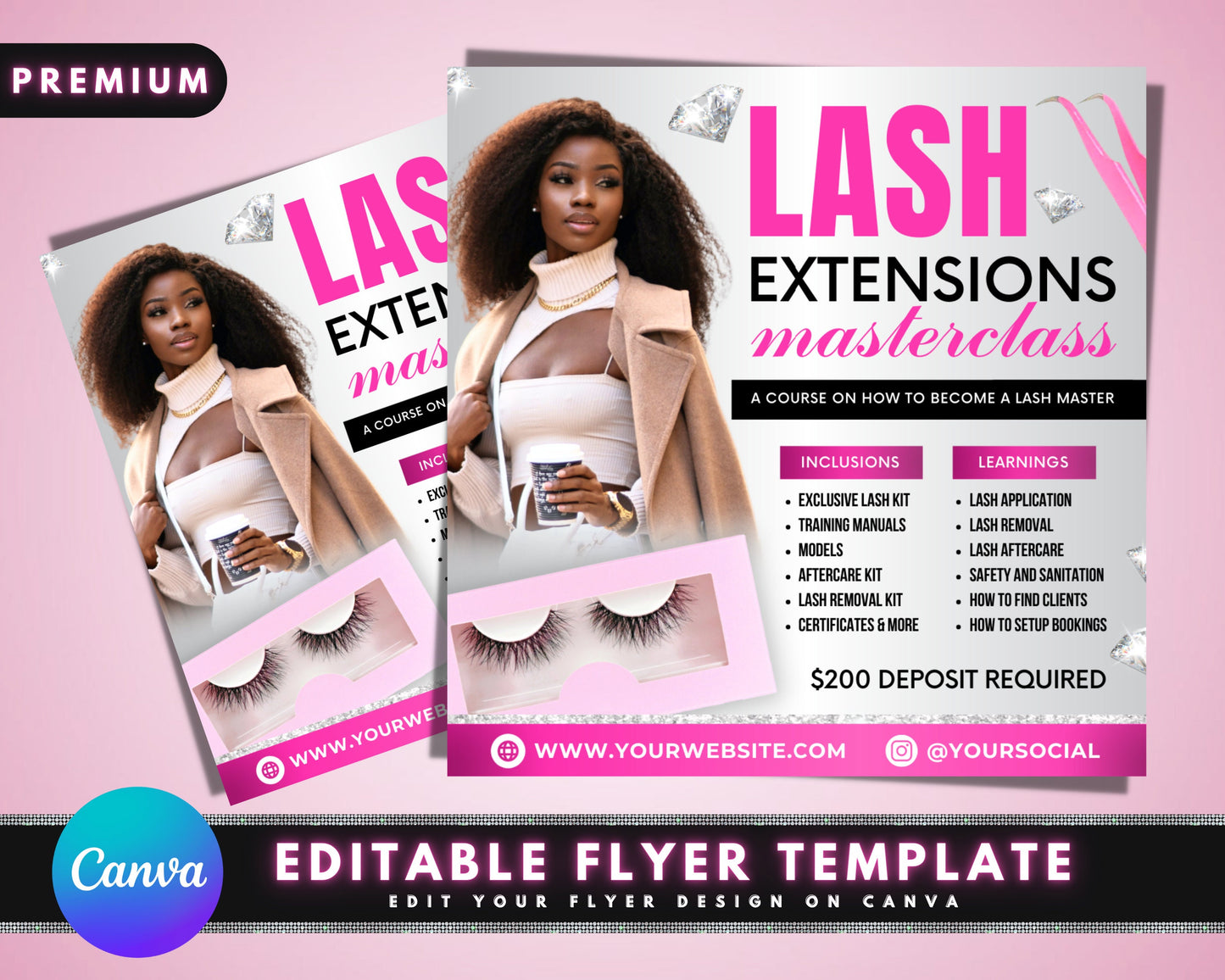 lash extensions masterclass flyer, diy flyer template design, learn to lash flyer, lash training flyer, beauty flyer, premade business logo