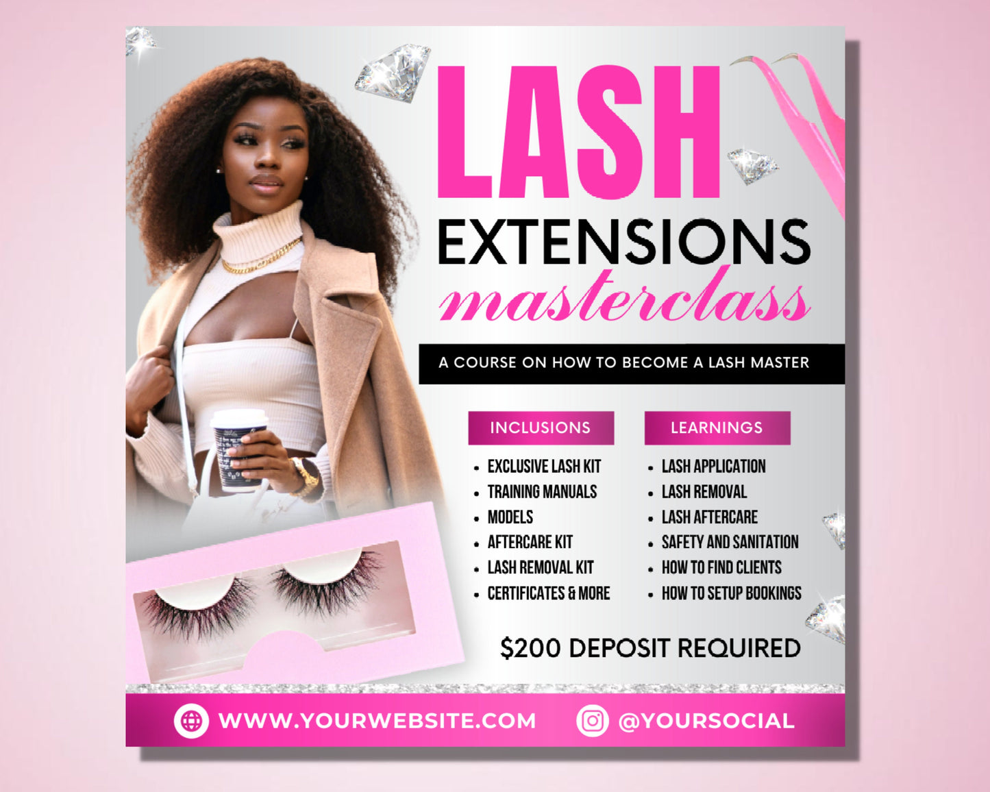 lash extensions masterclass flyer, diy flyer template design, learn to lash flyer, lash training flyer, beauty flyer, premade business logo