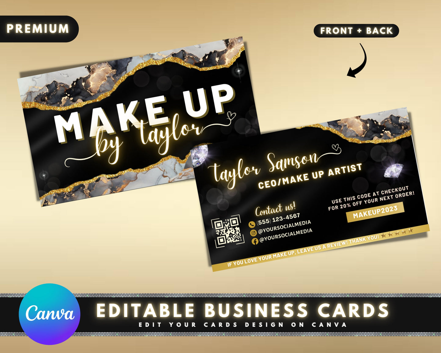 business cards, diy business card template design, beauty boutique business cards, gold makeup artist business card, premade business cards