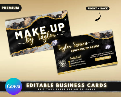 Business Cards, DIY Business Card Template Design, Beauty Boutique Business Cards, Gold Makeup Artist Business Card, Premade Business Cards