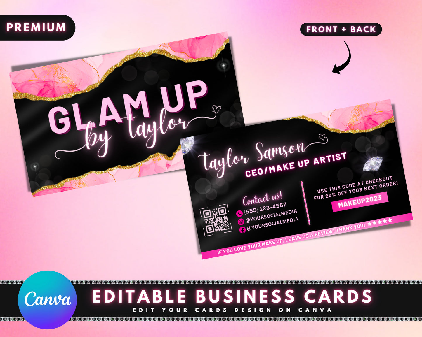 glam business cards, diy business card template design, beauty boutique business cards, marble pink business card, premade business cards