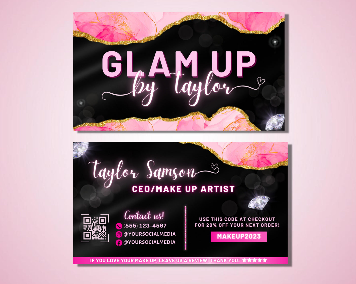 glam business cards, diy business card template design, beauty boutique business cards, marble pink business card, premade business cards