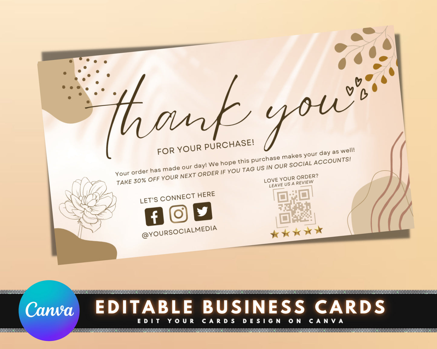 minimalist thank you card, diy marketing cards template design, thank you for order packaging insert, small business thank you cards