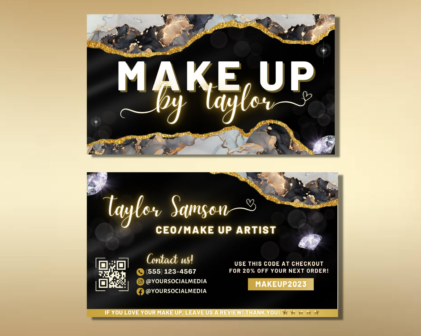 business cards, diy business card template design, beauty boutique business cards, gold makeup artist business card, premade business cards