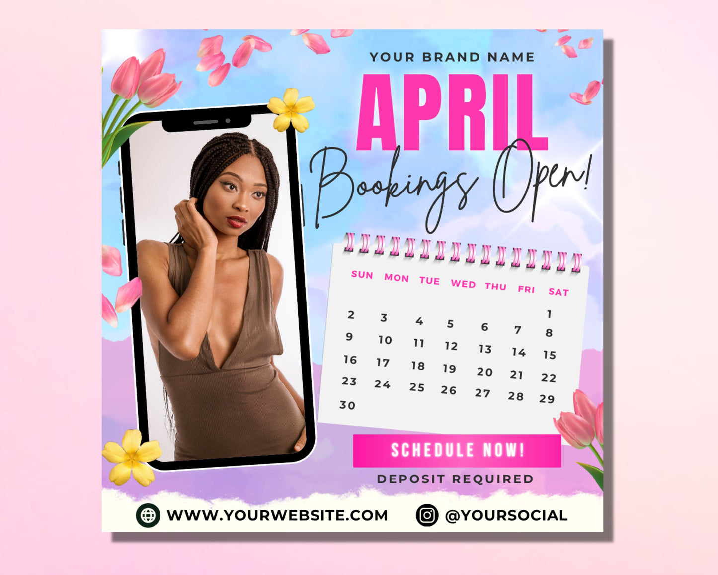 april booking flyer, diy flyer template design, april appointment flyer, book now flyer, spring flyer, hair nail lash flyer, premade flyer