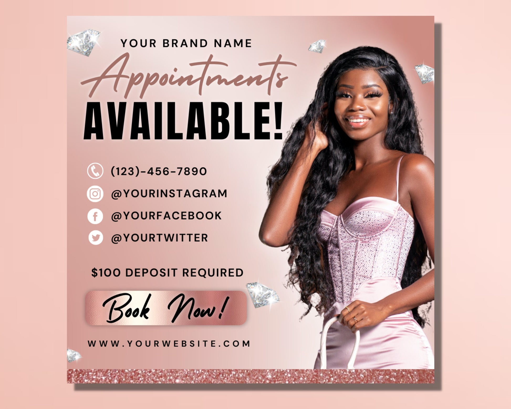 Rose Gold Appointment Flyer, DIY Flyer Template Design, Booking Available Flyer, Book Now Flyer, Hair Lash Nail Flyer, Social Media Flyer