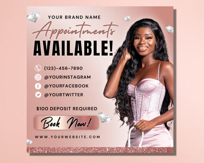 Rose Gold Appointment Flyer, DIY Flyer Template Design, Booking Available Flyer, Book Now Flyer, Hair Lash Nail Flyer, Social Media Flyer