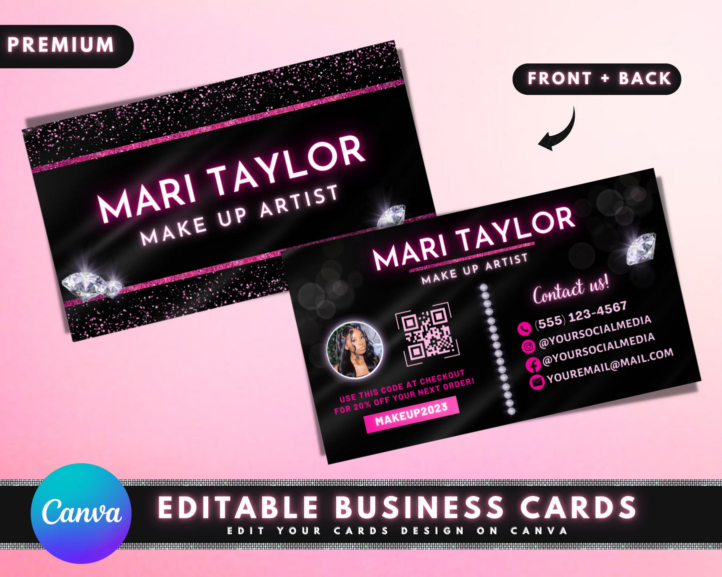 business cards, diy business card template design, make up artist beauty business cards, black and pink business card, premade business card