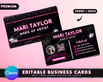 Business Cards, DIY Business Card Template Design, Make Up Artist Beauty Business Cards, Black and Pink Business Card, Premade Business Card