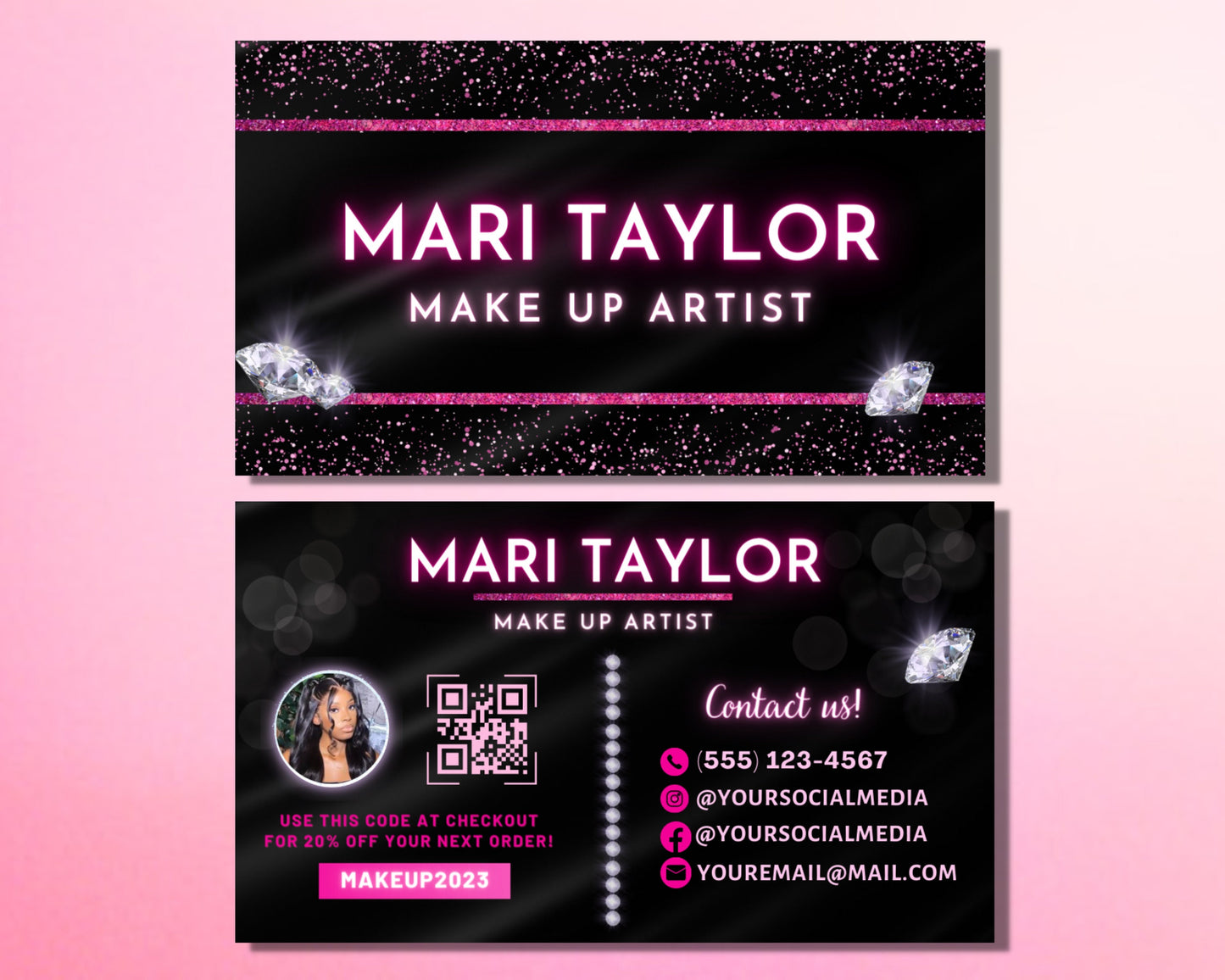 business cards, diy business card template design, make up artist beauty business cards, black and pink business card, premade business card