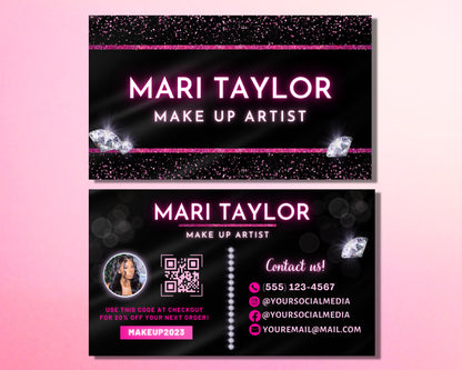 Business Cards, DIY Business Card Template Design, Make Up Artist Beauty Business Cards, Black and Pink Business Card, Premade Business Card