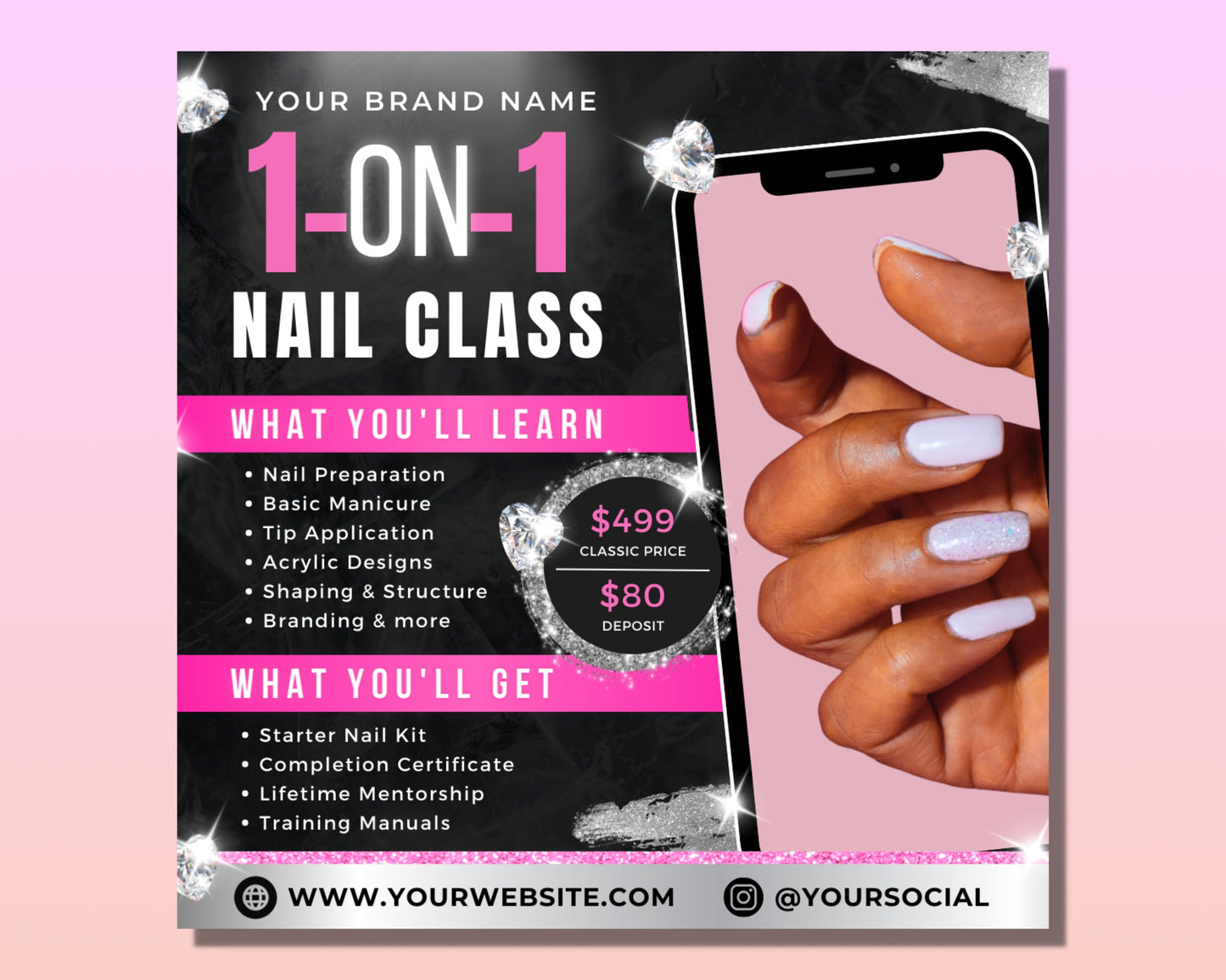 nail class flyer, diy flyer template design, nail training flyer, nails course flyer, nail tech flyer, hair nail lash flyer, premade flyer