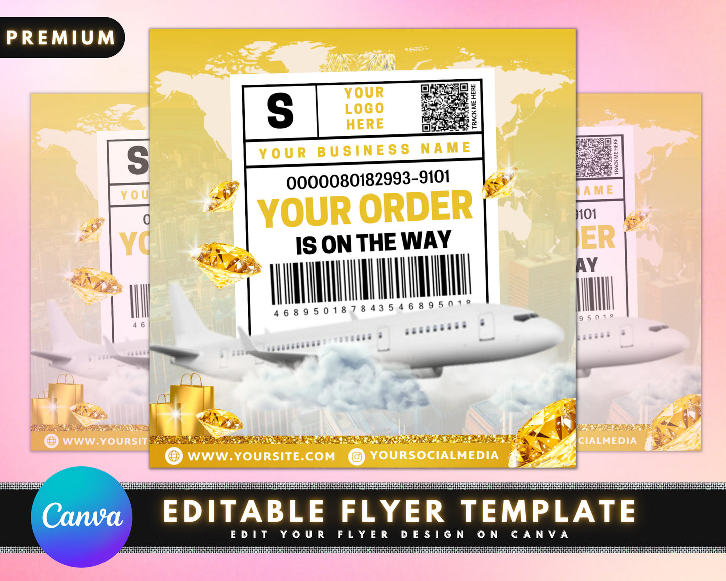 orders shipped flyer, diy flyer template design, shipping label flyer, package shipped flyer, gold hair lash flyer, premade business flyer