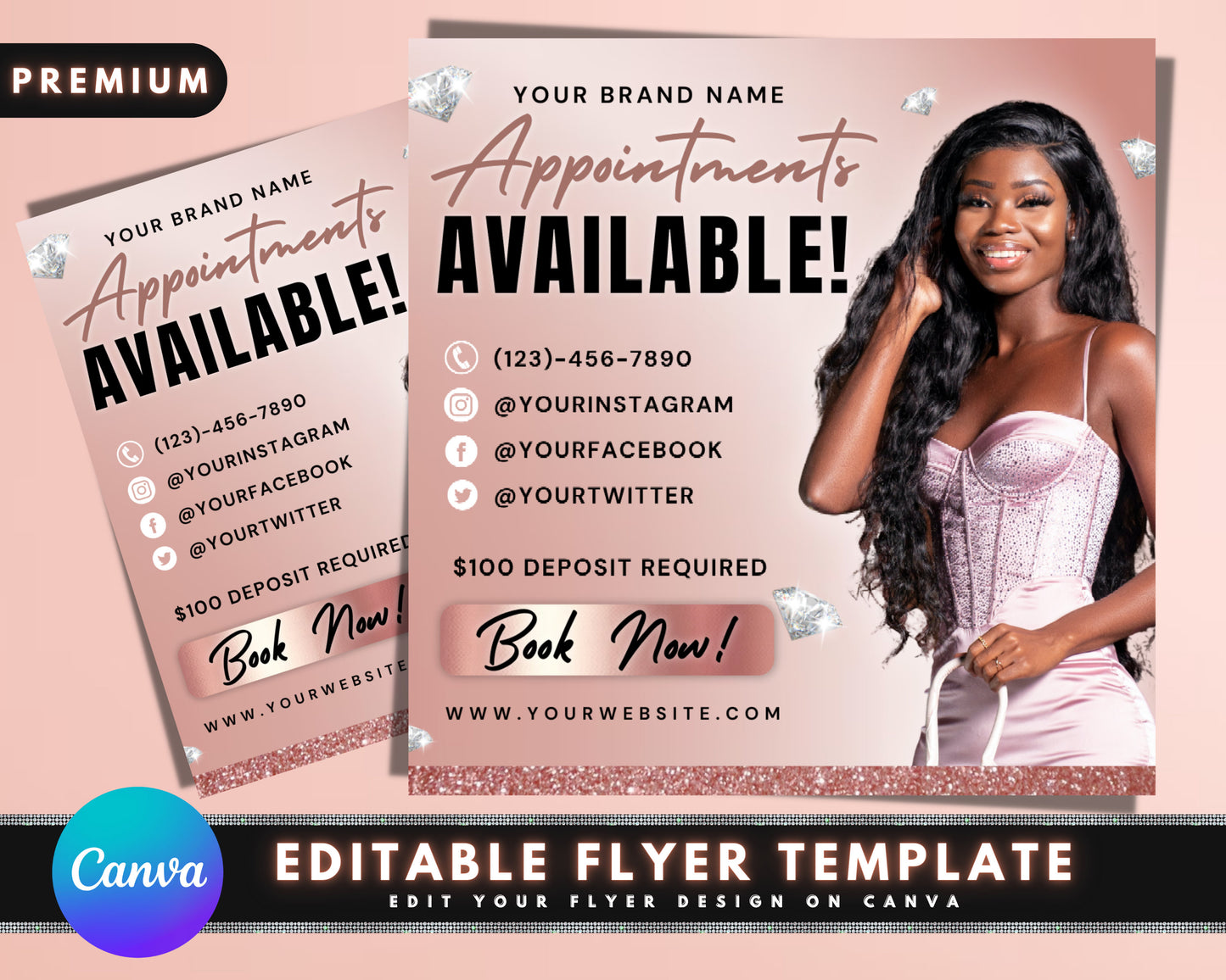 rose gold appointment flyer, diy flyer template design, booking available flyer, book now flyer, hair lash nail flyer, social media flyer