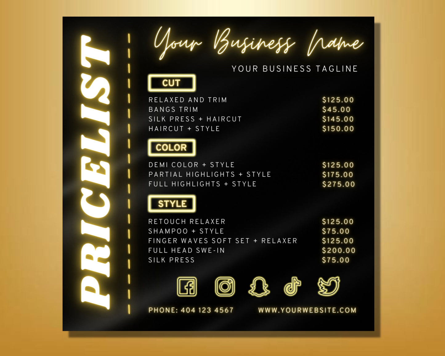 gold price list, diy flyer template design, business price list flyer, pricing guide sheet, beauty price list, premade salon business flyer