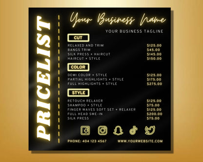 Gold Price List, DIY Flyer Template Design, Business Price List Flyer, Pricing Guide Sheet, Beauty Price List, Premade Salon Business Flyer