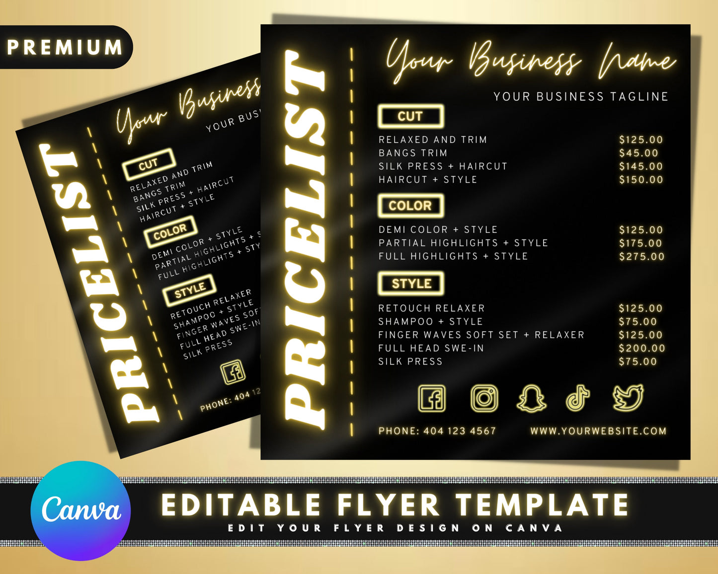 gold price list, diy flyer template design, business price list flyer, pricing guide sheet, beauty price list, premade salon business flyer